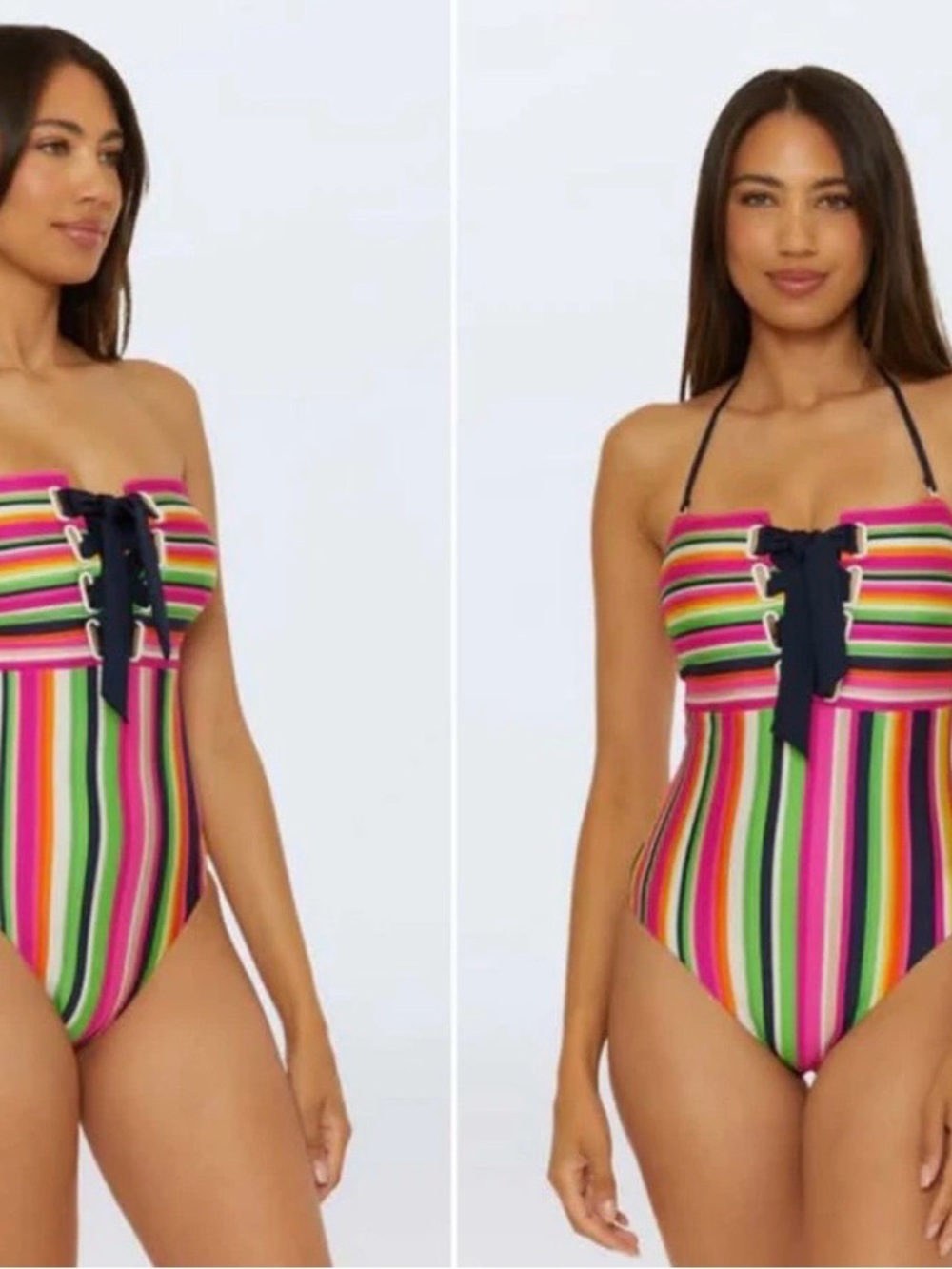 Trina Turk Bright Multicolor Stripe One-Piece Swimsuit with Navy Lace-Up